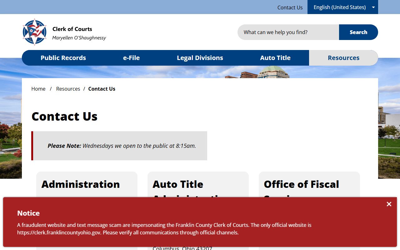 Franklin County Clerk of Courts contact and division records page