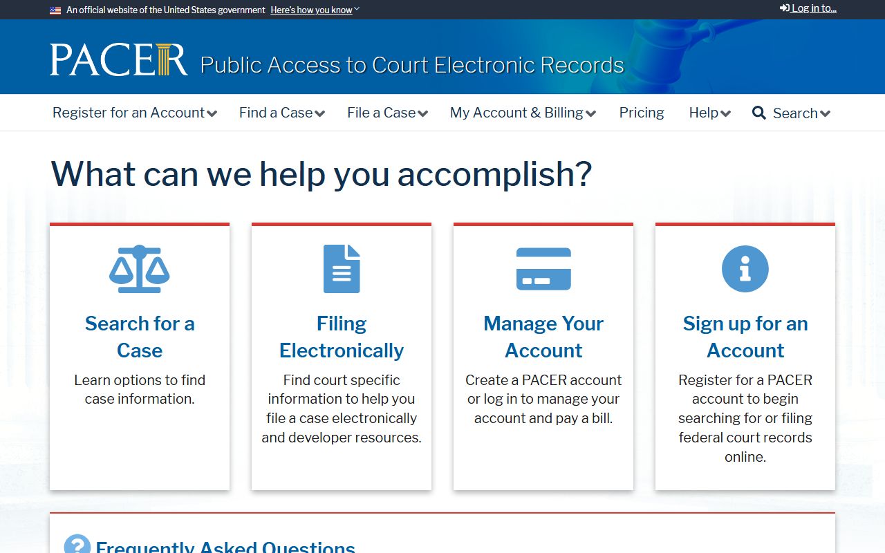 Franklin County court dockets PACER federal case access registration
