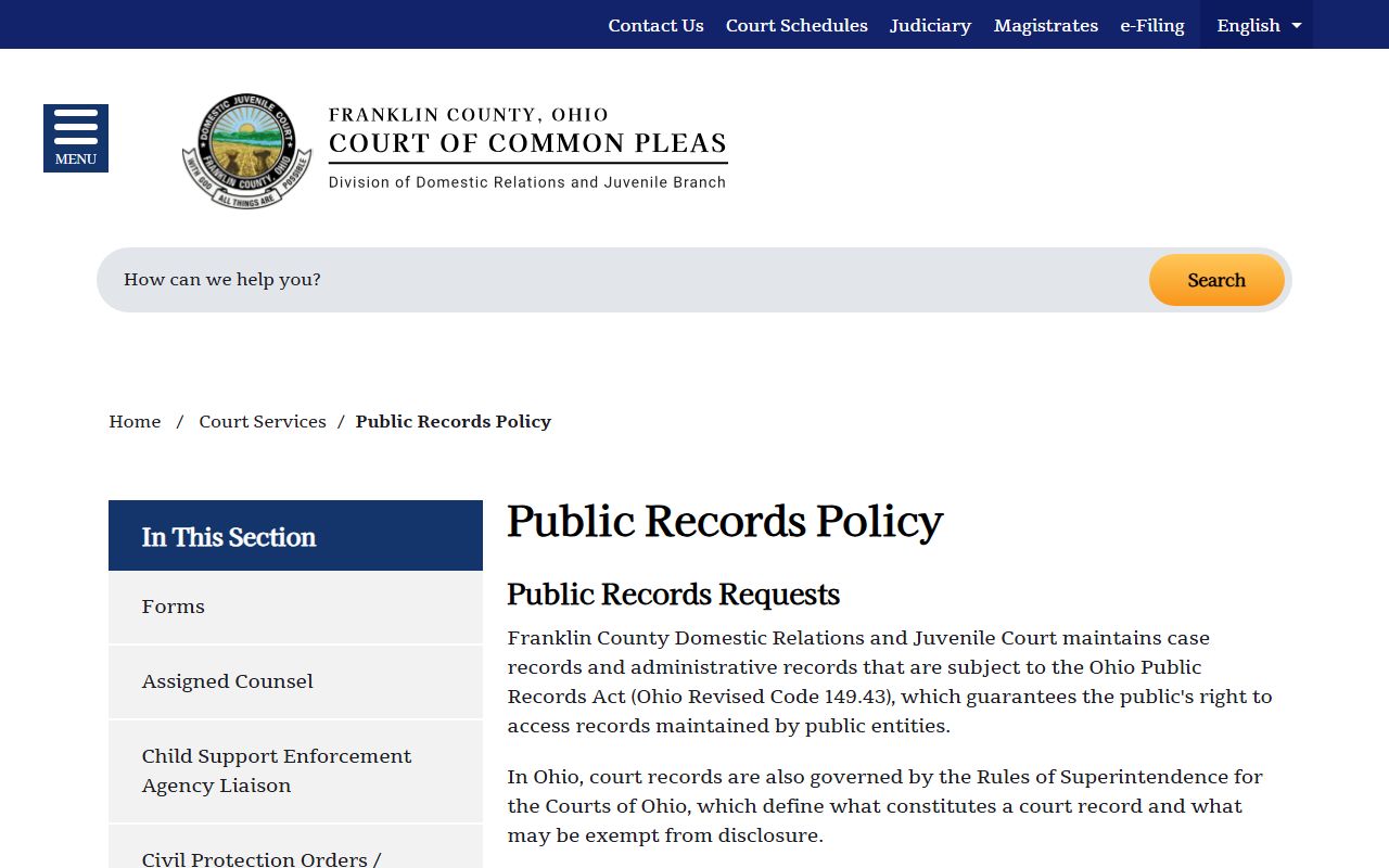 Franklin County Domestic Relations Juvenile court records public records policy