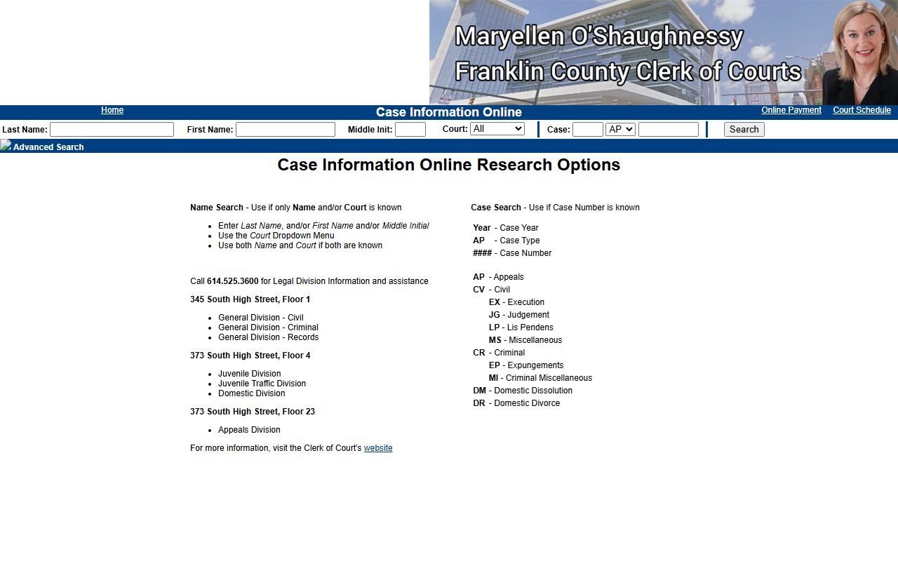 Franklin County court records Case Information Online search portal