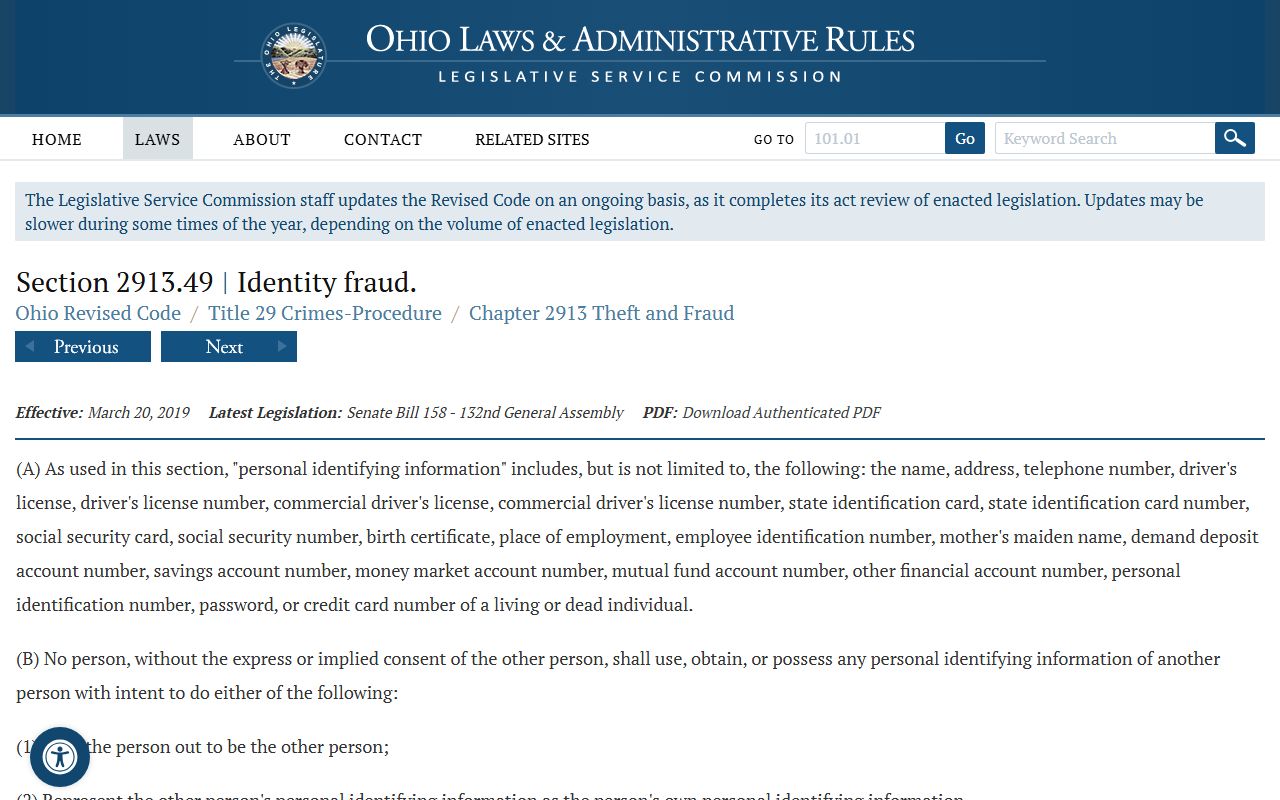 Franklin County arrest records Ohio identity fraud personal information statute