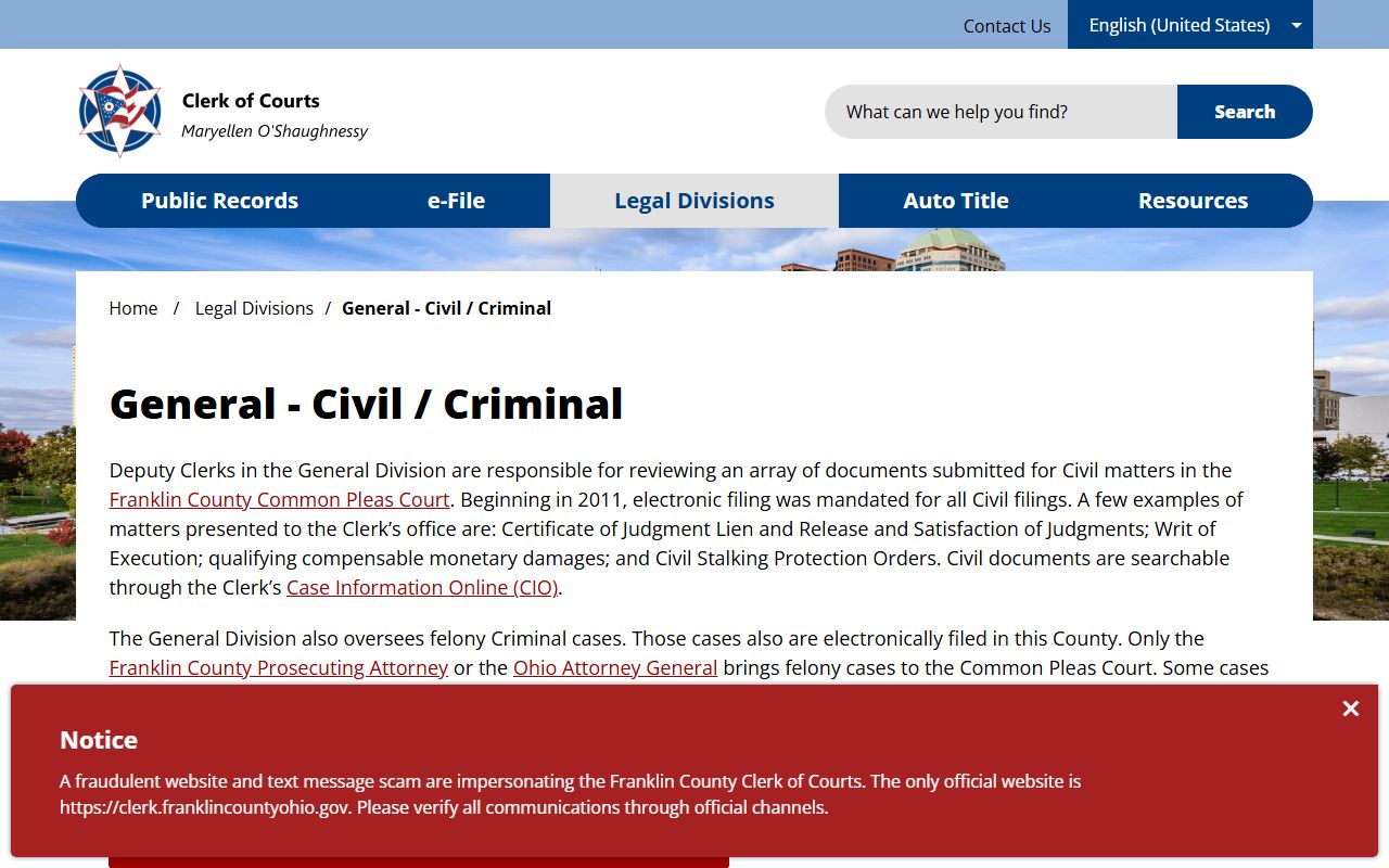 Franklin County Clerk General Division civil and criminal court records page