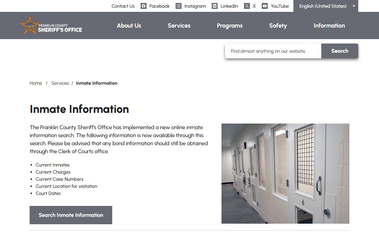 Franklin County inmate search and jail information page from the Sheriff
