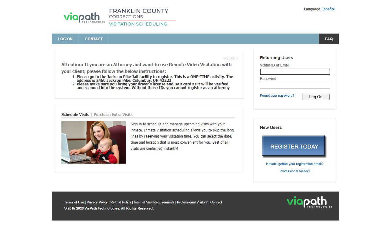 Franklin County inmate records virtual visitation registration portal