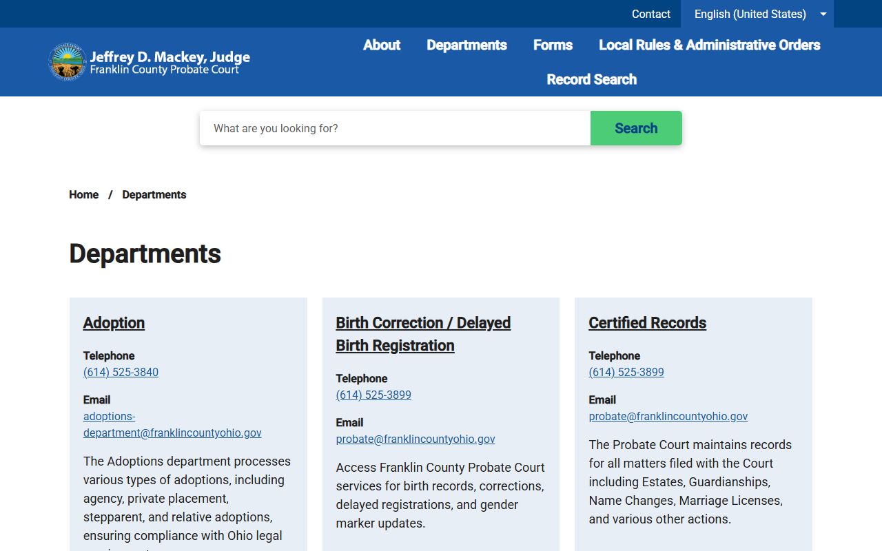 Franklin County marriage records Probate Court marriage license department page