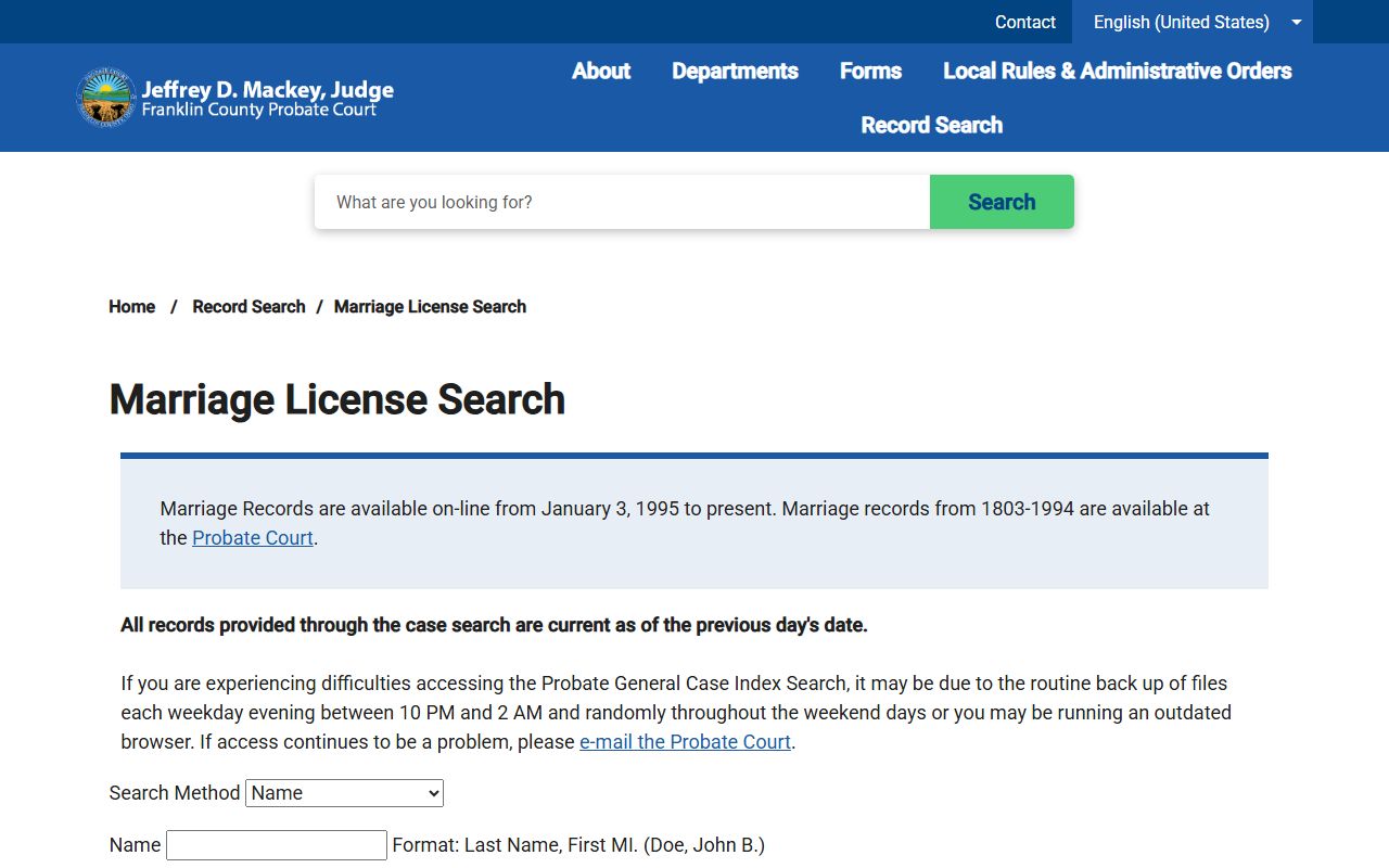 Franklin County marriage records online license search form with name and date fields