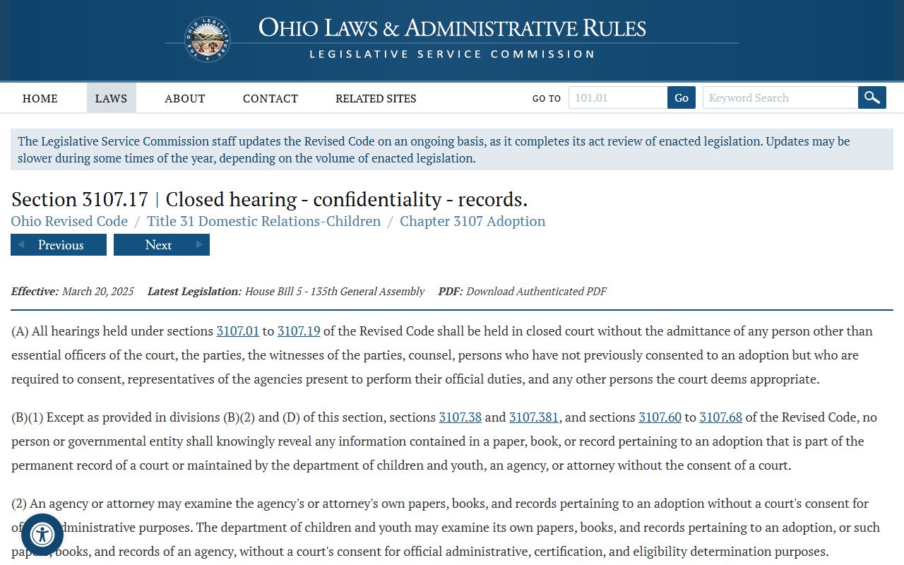 Franklin County probate records adoption confidentiality statute ORC 3107.17