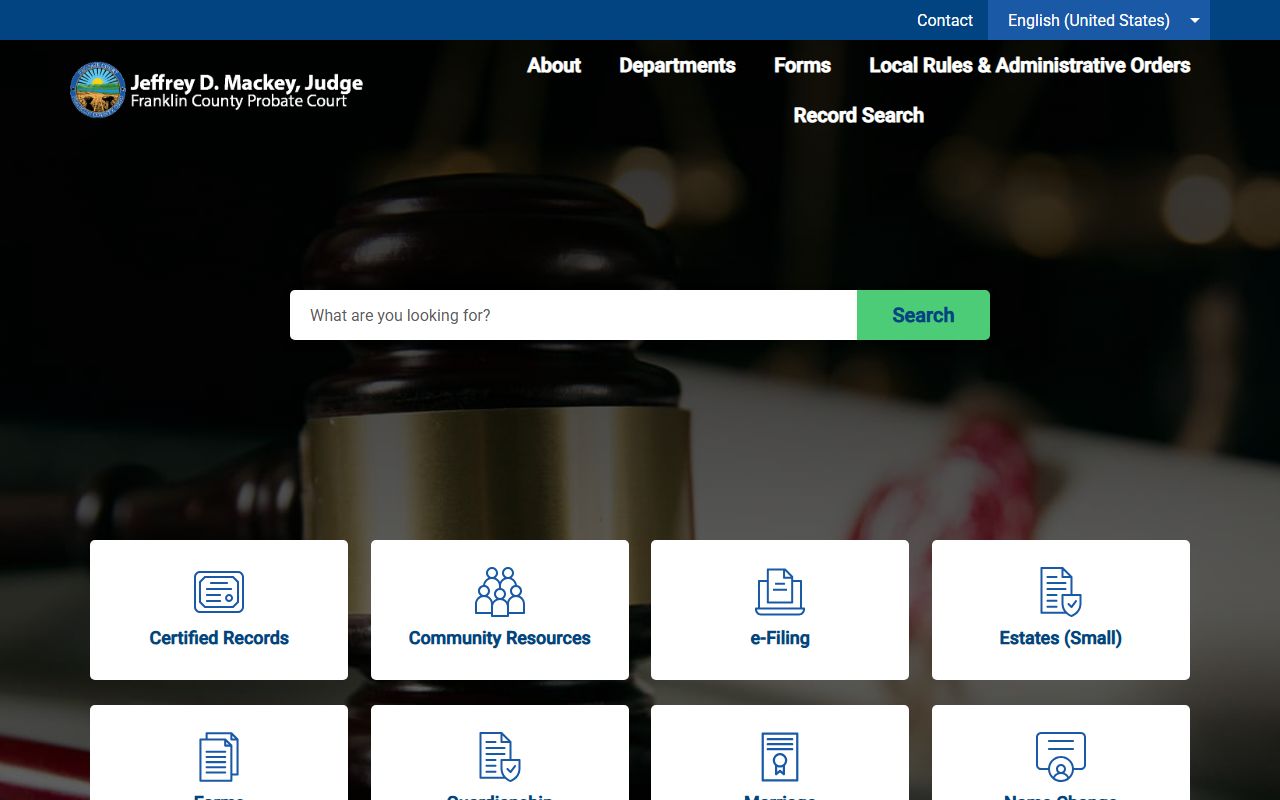 Franklin County probate records home page for the Probate Court