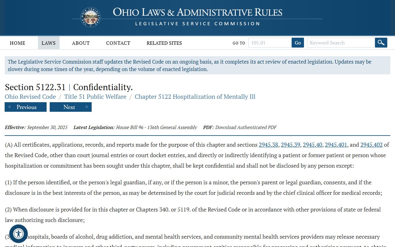 Franklin County probate records mental health confidentiality statute ORC 5122.31