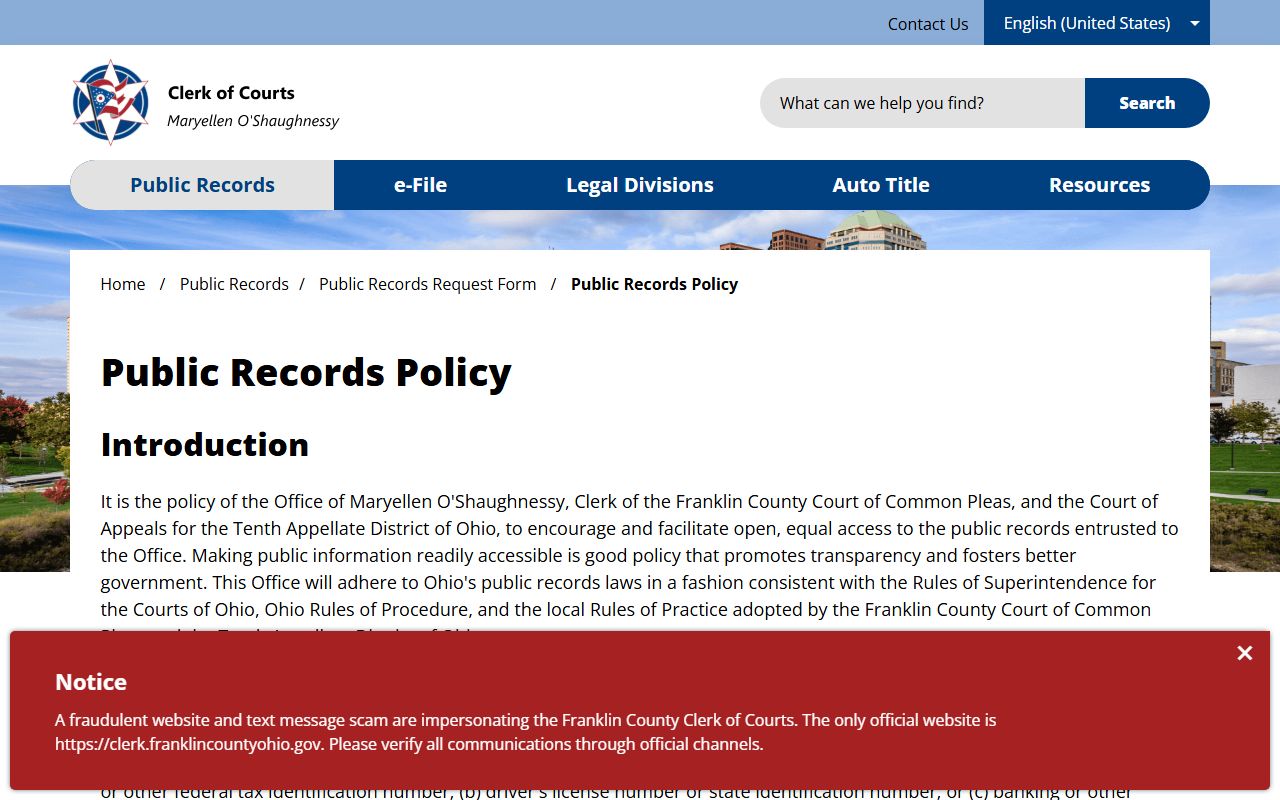 Franklin County public records Clerk of Courts public records policy