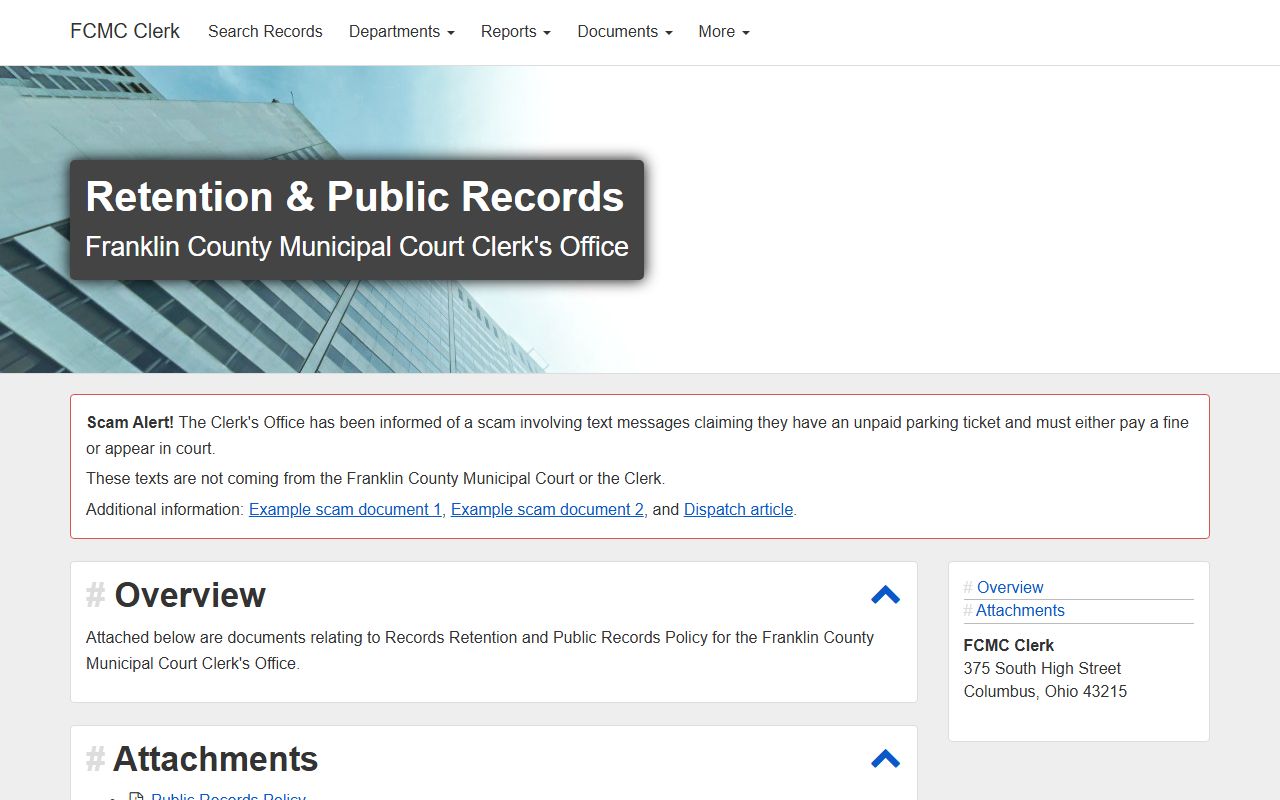 Franklin County public records Municipal Court Clerk retention and public records page