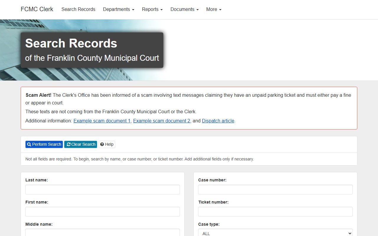 Franklin County traffic court records Municipal Court Clerk case search portal