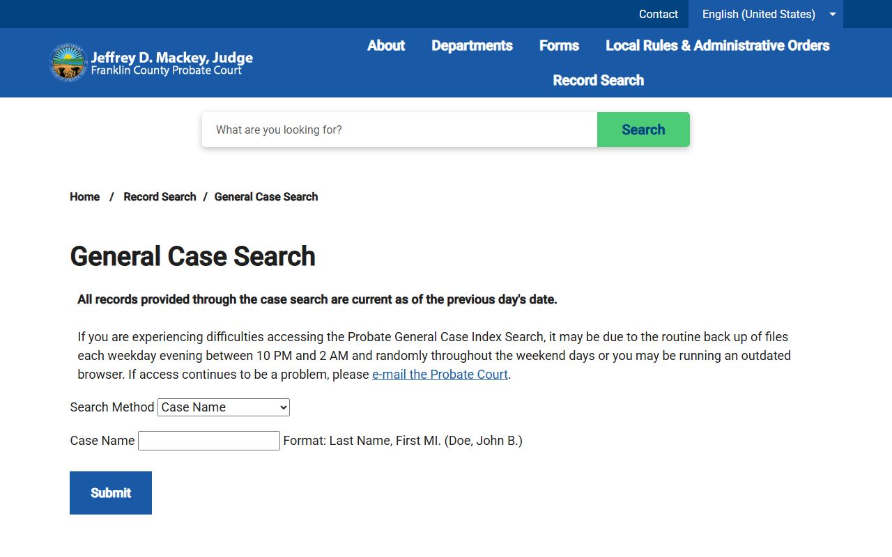Franklin County traffic court records contrasted with Probate general case search portal