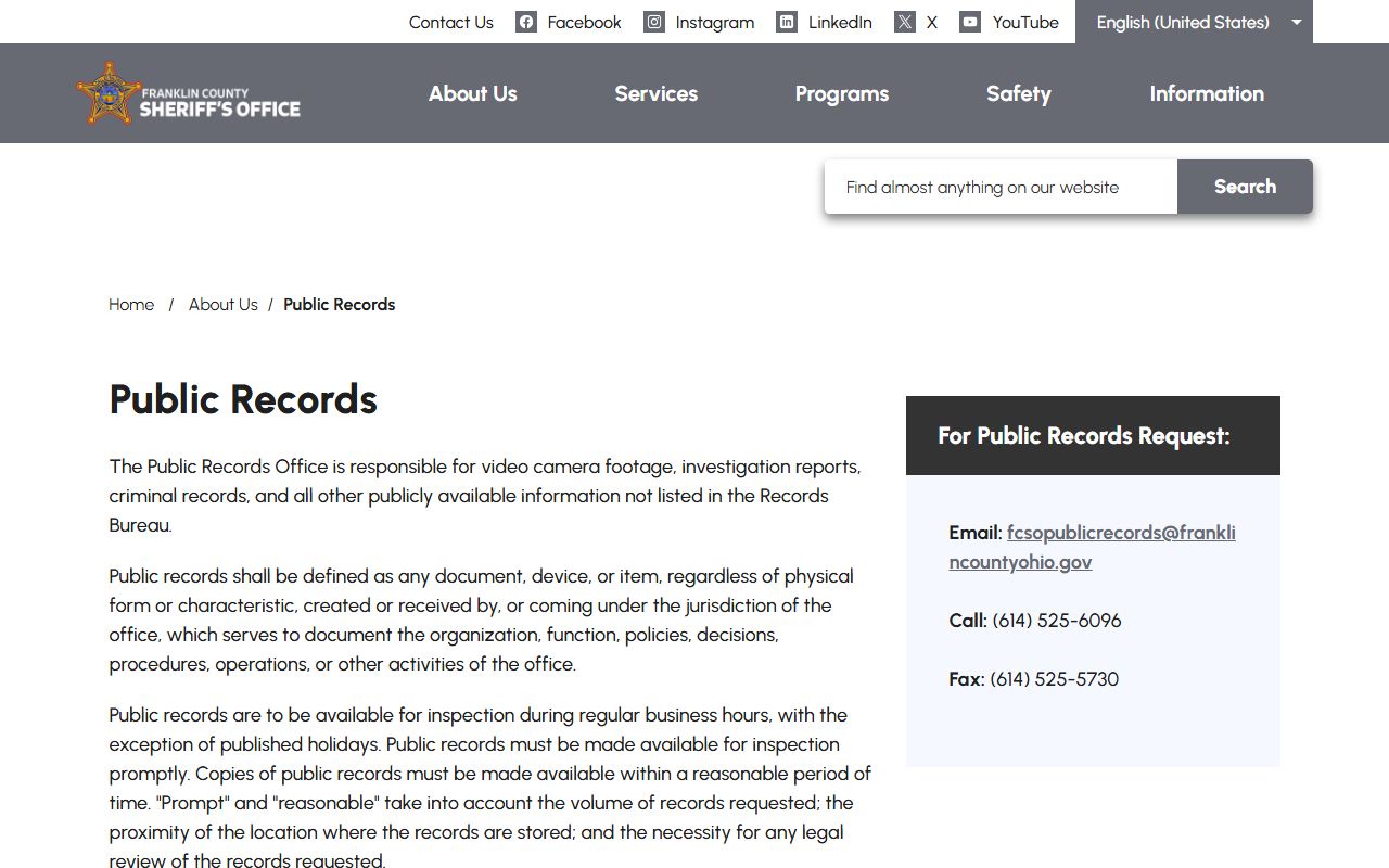 Franklin County warrant records Sheriff public records request page
